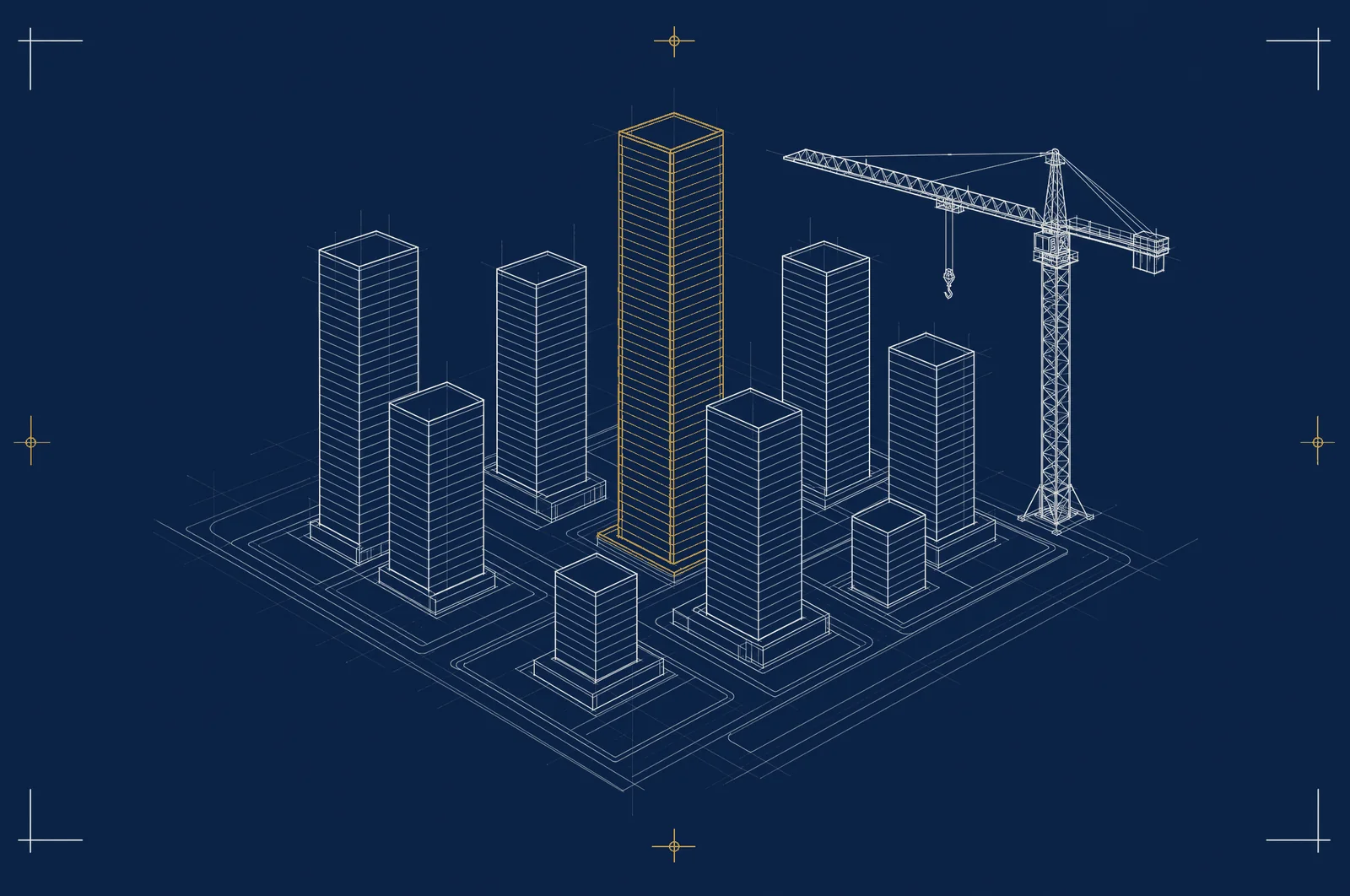 Drafting plate: nine city blocks extruded from their plot outlines beside a braced tower crane.