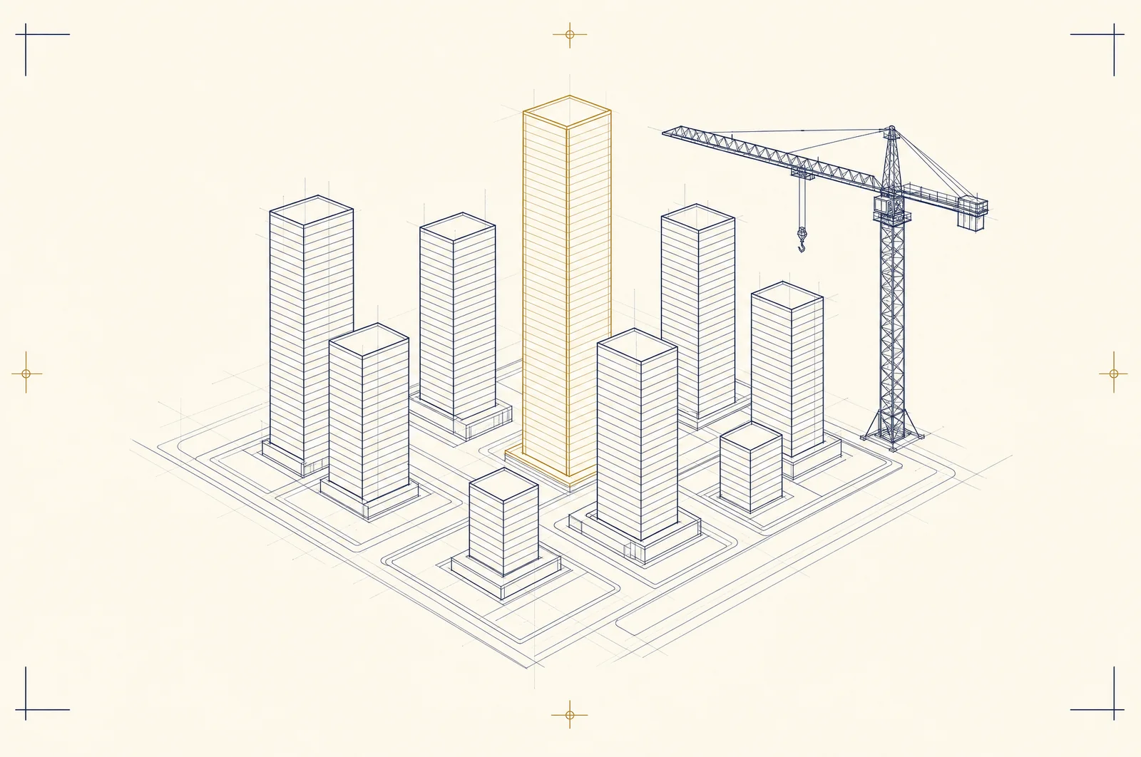 Drafting plate: nine city blocks extruded from their plot outlines beside a braced tower crane.