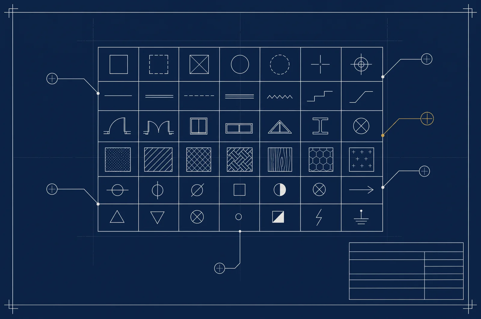 Drafting plate: a legend sheet of drawn symbols in a seven by six grid, with leader lines running out to callout markers and a title block at the lower right.