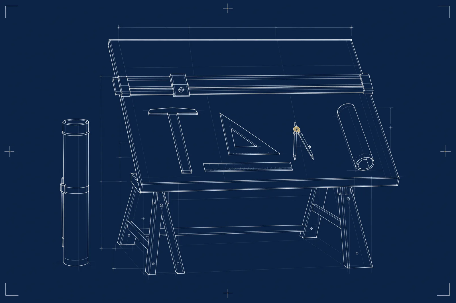 Drafting plate: a tilted drawing board on trestles carrying a parallel rule, a T square, a set square, a scale rule and a brass compass, with a rolled drawing tube standing beside it.