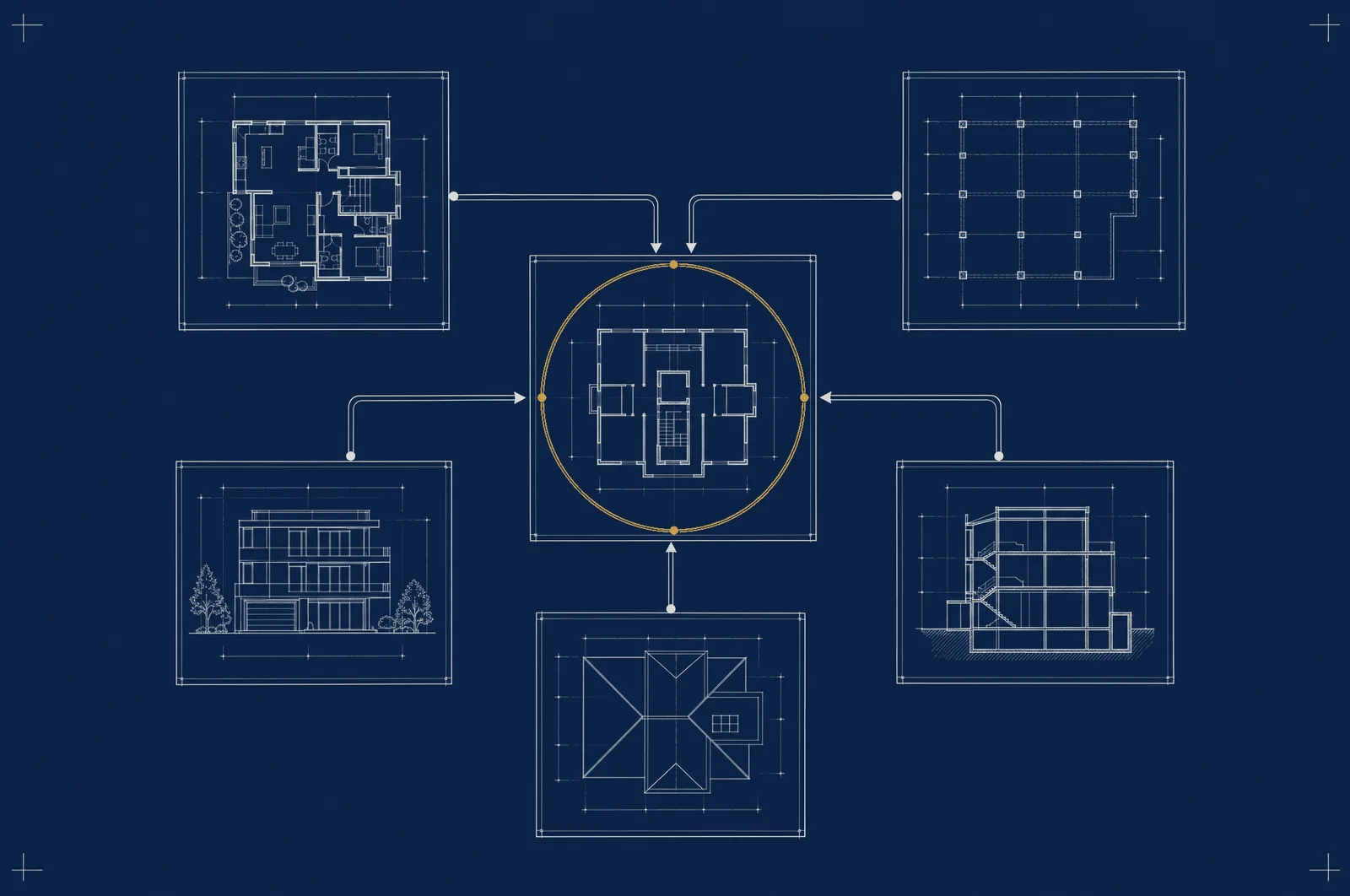 A drafting plate of a partner network, nodes and connecting lines drawn across a plan sheet