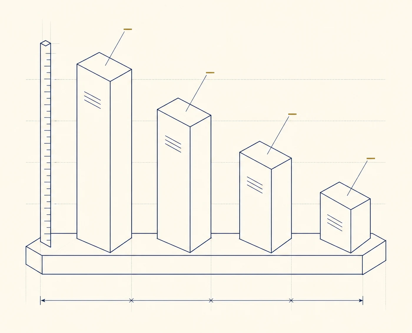 Drafting plate: four columns of descending height drawn in isometric outline on a shared plinth, with a ticked measuring scale at the left and a brass mark above each column.