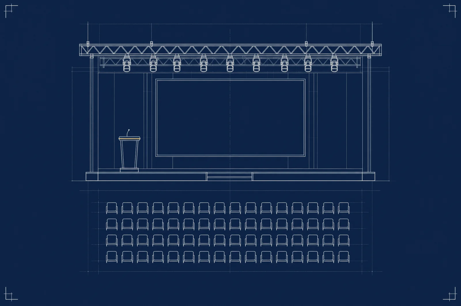 Drafting plate: a stage in elevation with a lectern at centre, a projection screen behind it, and rows of seating drawn in front.
