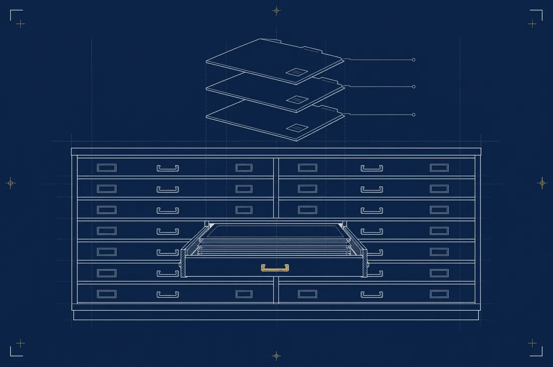 Drafting plate: a bank of flat file drawers in elevation with one drawer pulled out in section, and three labelled folders exploded above it.