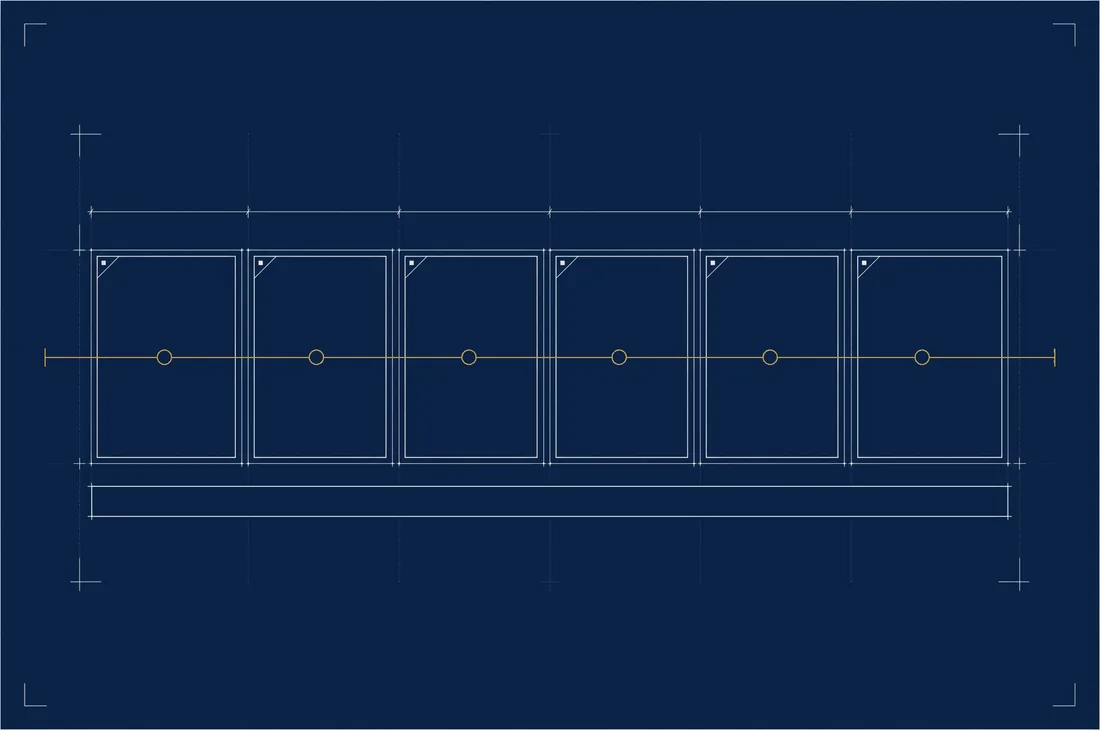 Drafting plate: a strip of six empty framed panels in a row, joined by a single continuous line running through all of them.