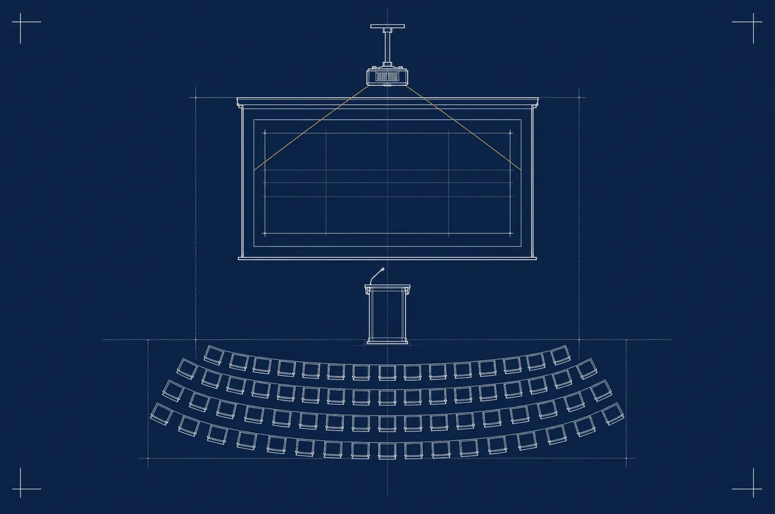 Drafting plate: a lectern facing a blank projection screen, with curved seating rows drawn in plan in the foreground and a ceiling projector above.