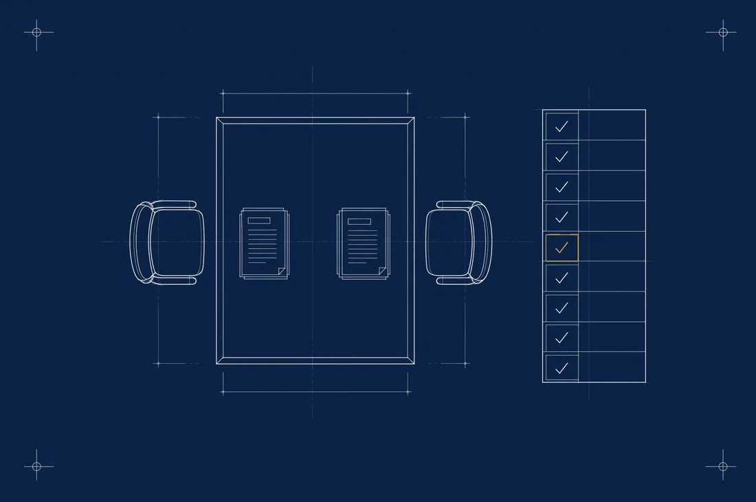 Drafting plate: a table in plan with two seats facing each other across it, document stacks at each side, and a checklist grid drawn alongside.