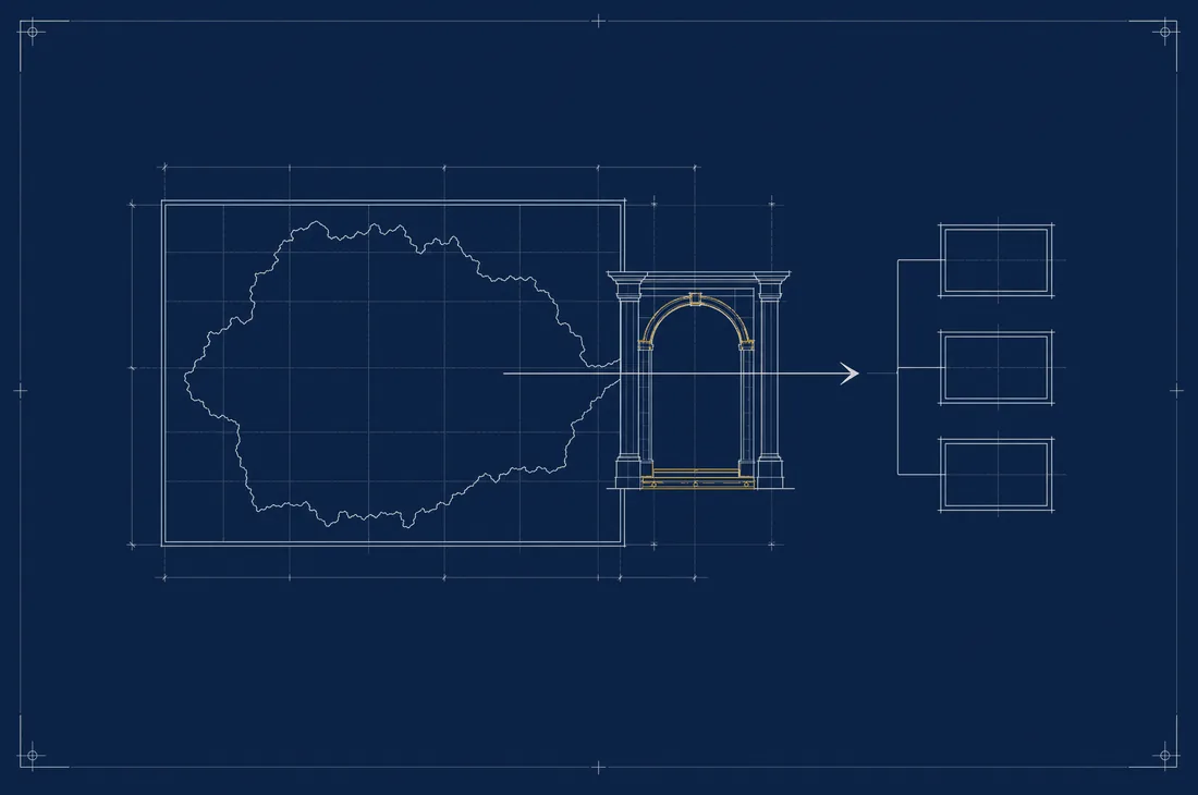 Drafting plate: a territory outline with a graticule, a gateway drawn in elevation at its edge with one arrow passing through, and a stacked entity diagram to the side.