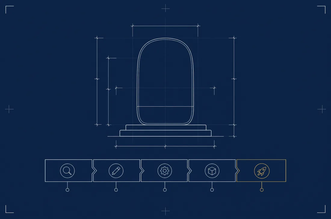 Drafting plate: a product form on a low plinth with radiating dimension lines, above a stepped five stage sequence bar with callout bubbles.