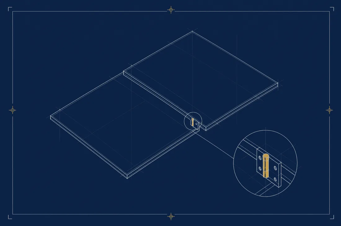 Drafting plate: two overlapping plan sheets joined at a corner, with the coupling detail enlarged in a circular detail bubble beside them.