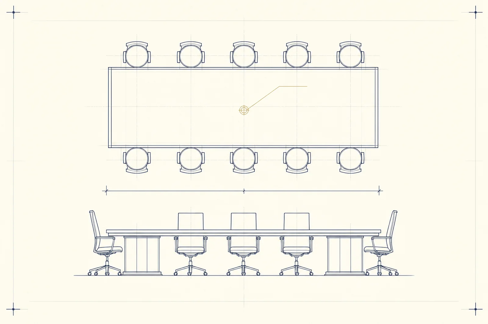 Drafting plate: a boardroom table in plan with ten chairs around it, and the same table in elevation below.
