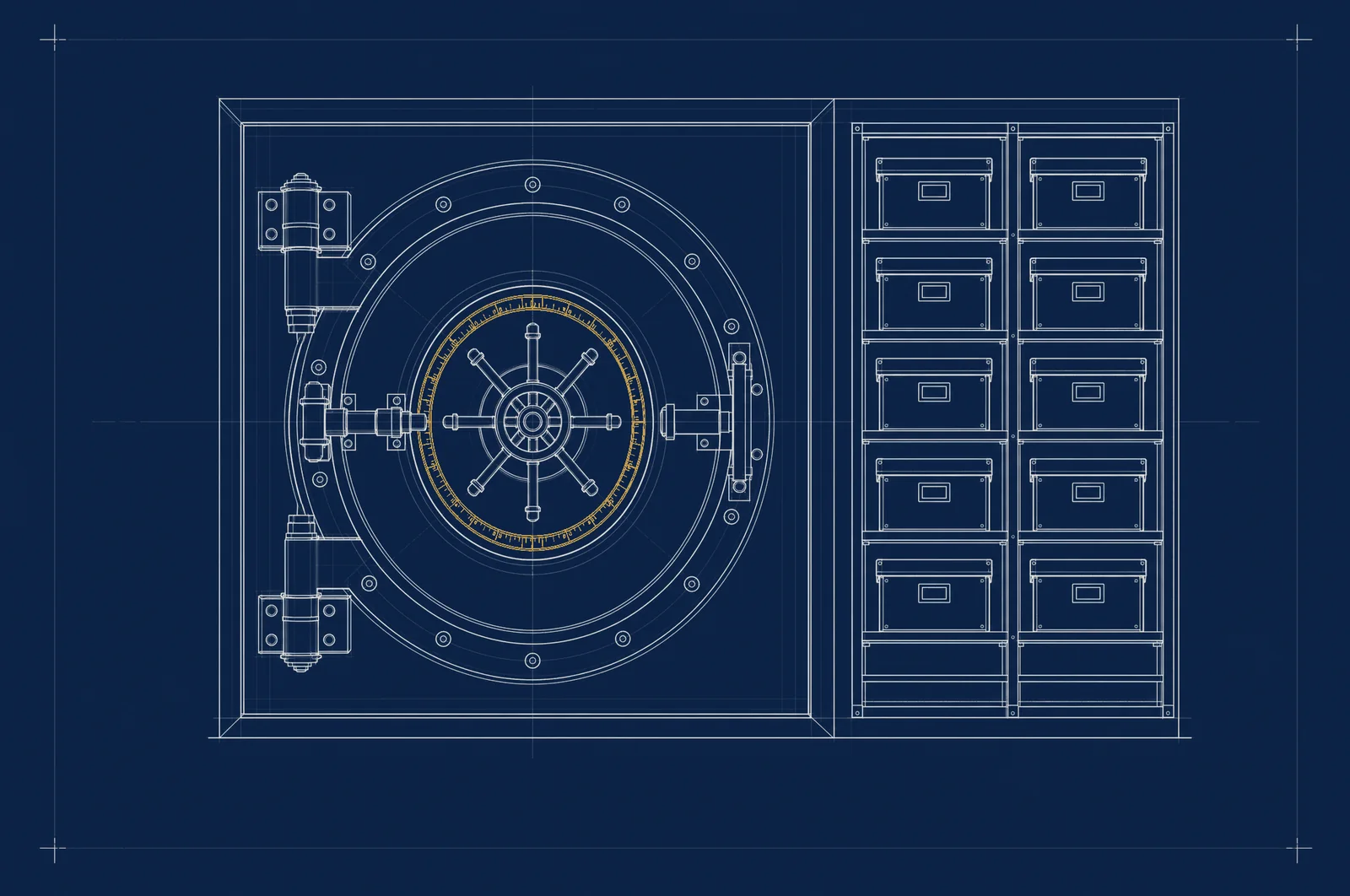 Drafting plate: a vault door drawn in elevation beside rows of shelved document boxes.